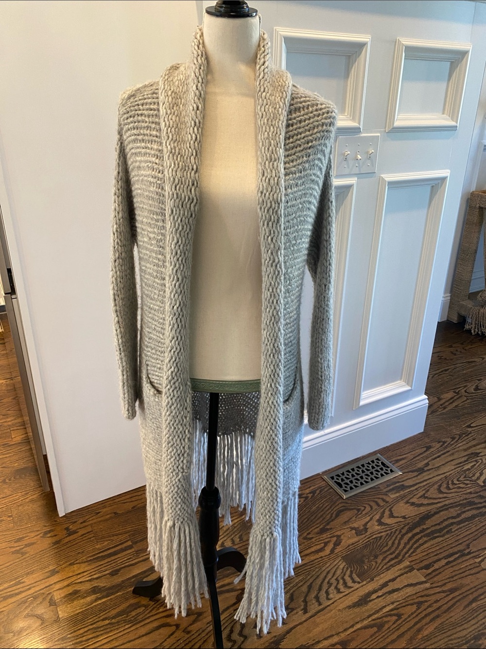 Raquel Allegra Light Gray Long Fringe Open-Front Cardigan